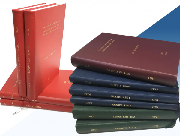 Hardbound thesis books in red, blue, and green covers – MyThesis.co.nz New Zealand binding service