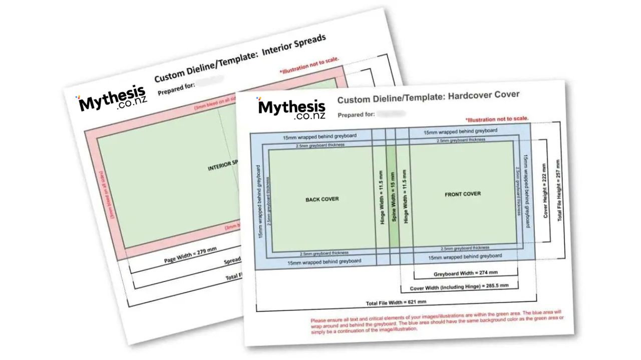 Custom dieline template example for book printing and hardcover cover – MyThesis NZ